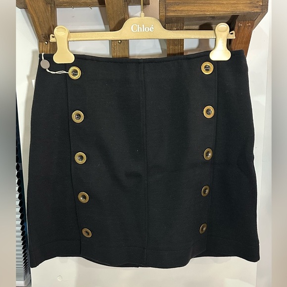 NWT Chloe Black Wool Knit Mini Skirt Gold Tone Button Detail FR 42 (US 10) - Picture 10 of 14